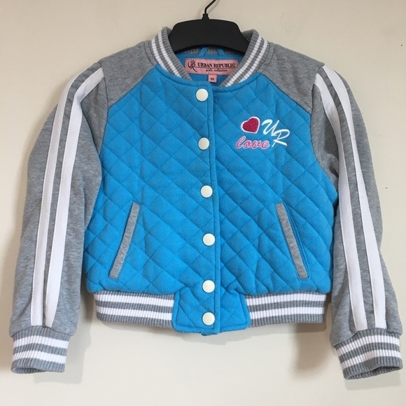Urban Republic Little Girls Jersey Quilted Varsity Blue Jacket with Knit Rib - Picture 1 of 16